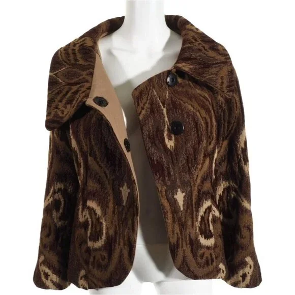 Brocade Womens Jacket S / M Lined Brown Tan Shawl Collar Hand Taylored - Picture 10 of 12